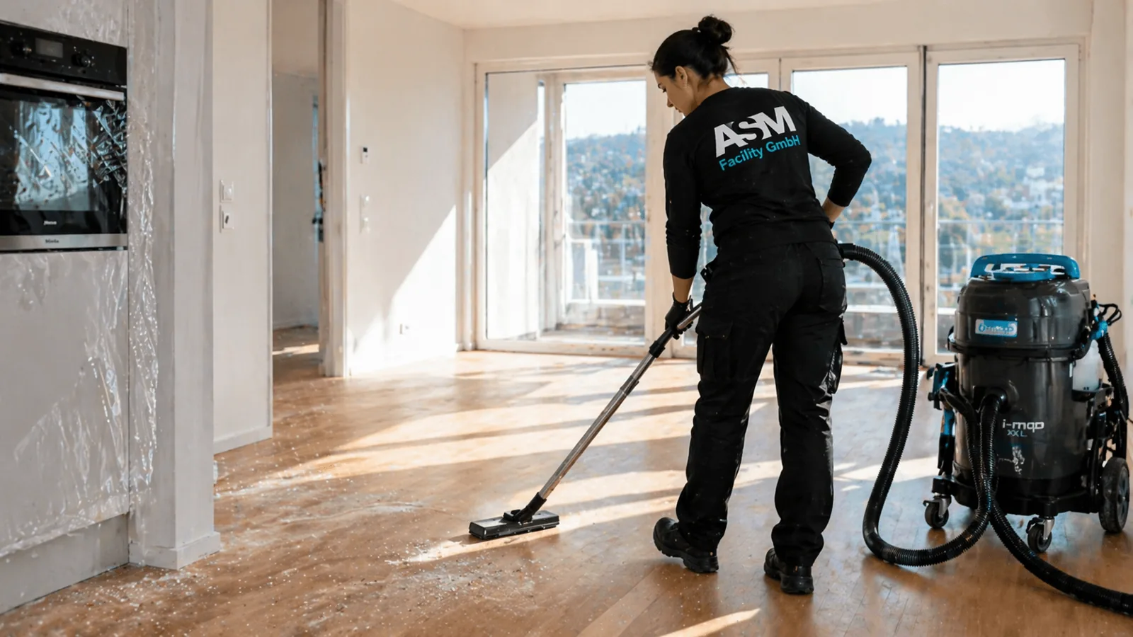 Nachher: ASM Team bei der Bauendreinigung in einem fertig gestellten Innenraum