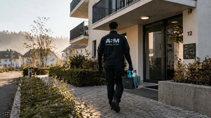 Unterwegs am Morgen: Hauswartung im Aussenbereich einer Liegenschaft
